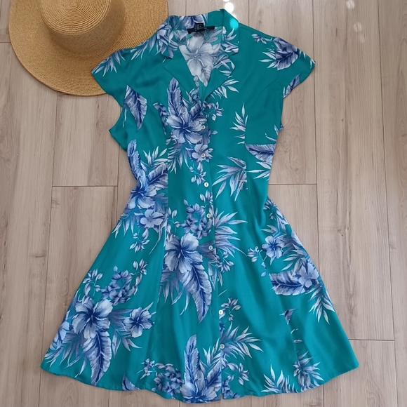 Tropical Floral Mini Dress M Teal Purple 90s Vintage NWOT - Picture 2 of 13